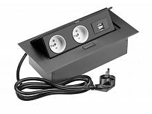 Блок розеток прямоугольный врезной 2 розетки AE-PBU2GU-20 (French) 2xUSB, черный, с проводом 1,5 метра — купить оптом и в розницу в интернет магазине GTV-Meridian.